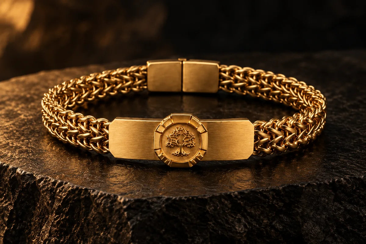Pulsera dorada Árbol de la Vida sobre piedra oscura