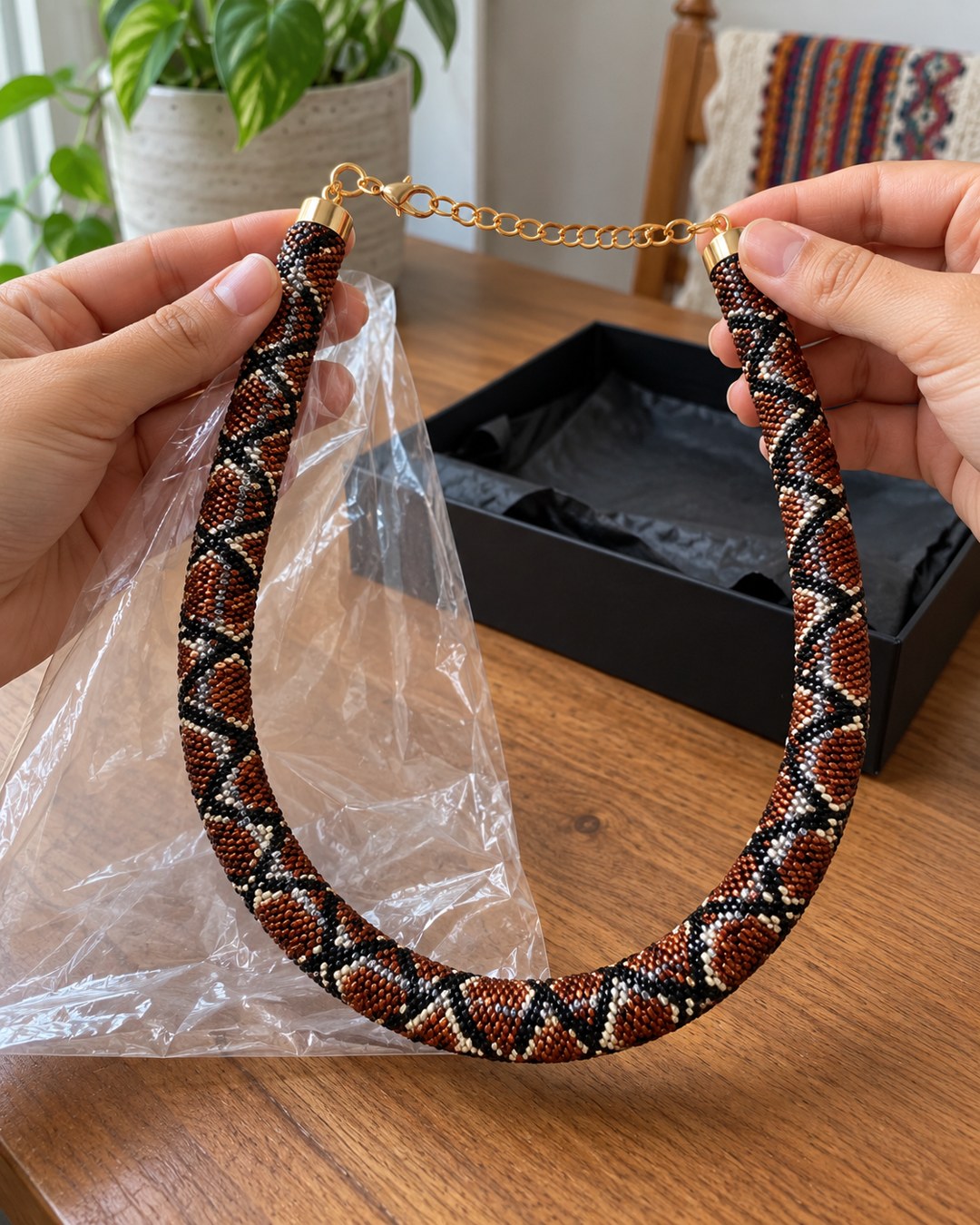 Escena ilustrativa de unboxing del Collar Serpiente Venora