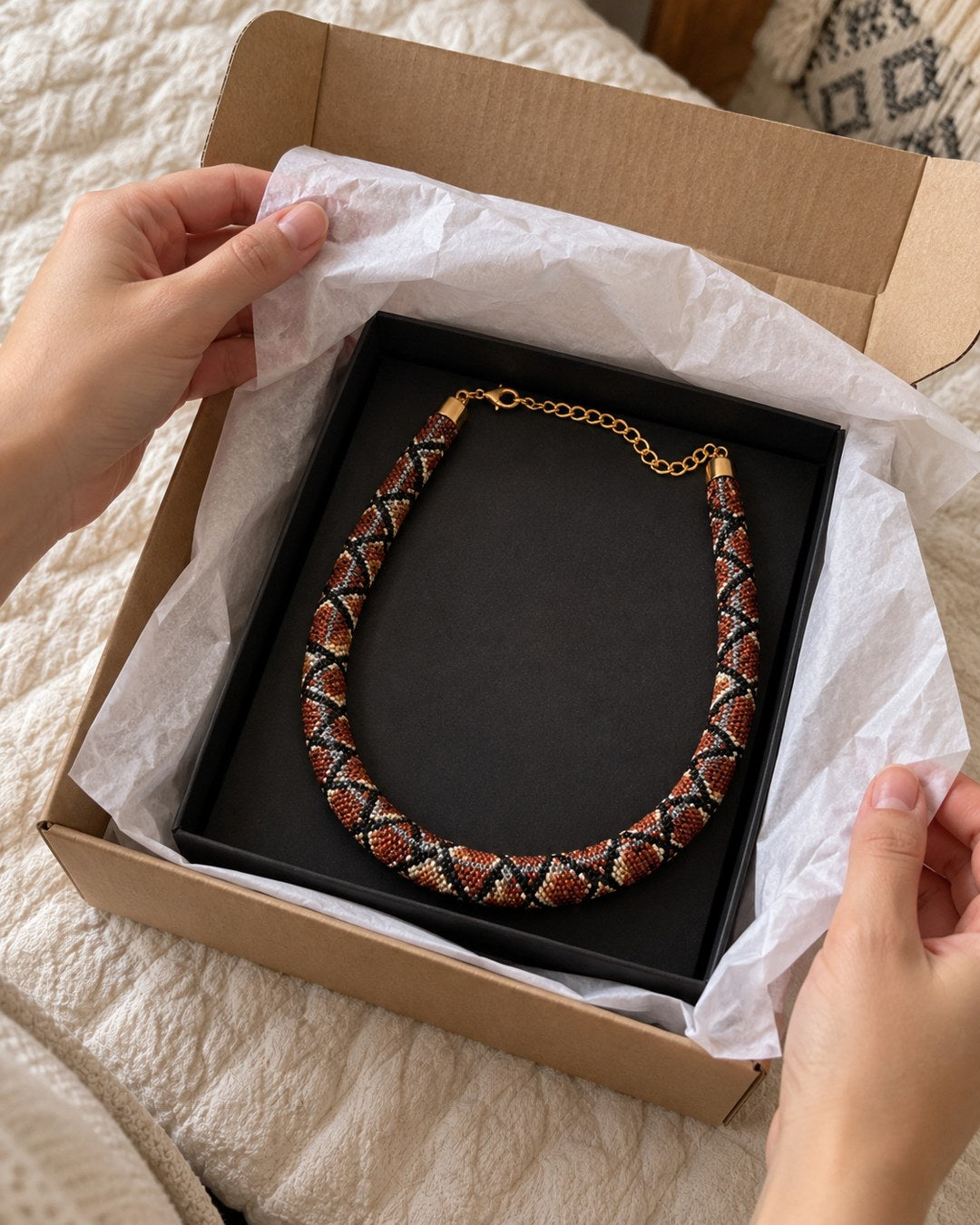 Escena ilustrativa de unboxing del Collar Serpiente Venora